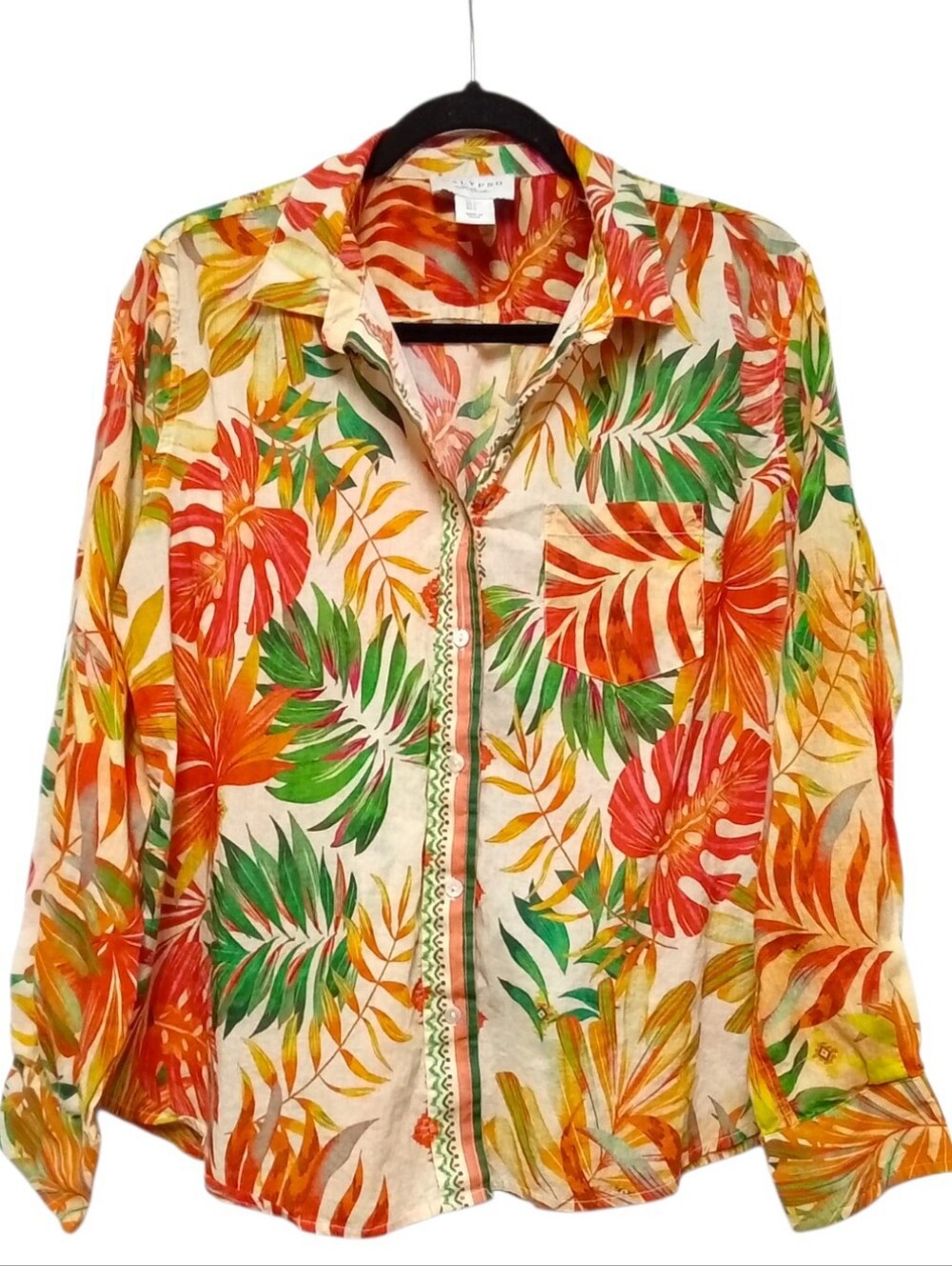 Calypso St. Barth Tropical Palm Print Cotton Button Down Shirt Women L